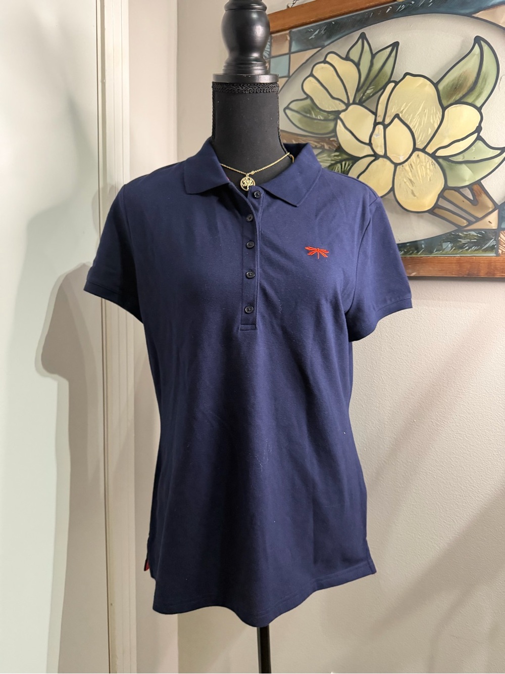 Talbots Navy Polo Top with Small Red Dragonfly Emblem